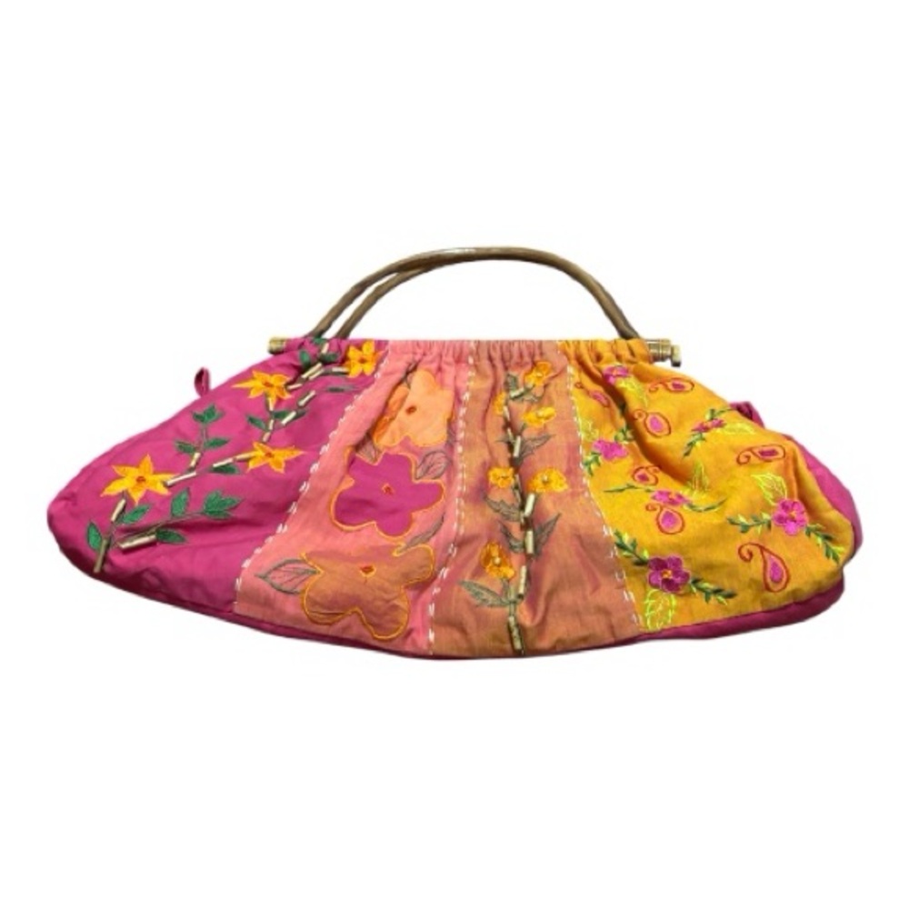 Floral Embroidered Granny Bag with Wooden Handles Pink/Orange/Green